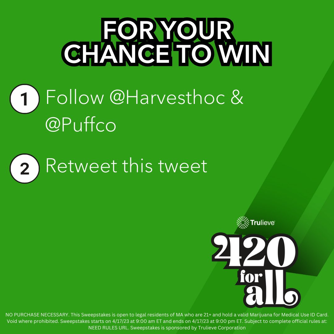 trulieve_az's tweet photo. GIVEAWAY TIME! 🍃Puffco is here to make sure your stepping into the holiday the right way! 
 
For your chance to win a Puffco Proxy:
1️⃣ FOLLOW @HarvestHO &amp; @Puffco
2️⃣ RETWEET this tweet
 
🏆1 will be winner selected next week
Rules: https://t.co/8bkJqS0b7t https://t.co/3zaldg4nOM