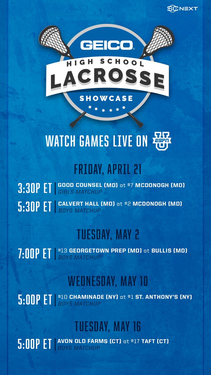 SCNext's tweet photo. The GEICO High School Lacrosse Showcase is BACK with 5β£ games on ESPNU π₯πΊ https://t.co/RCxKHtg5MN