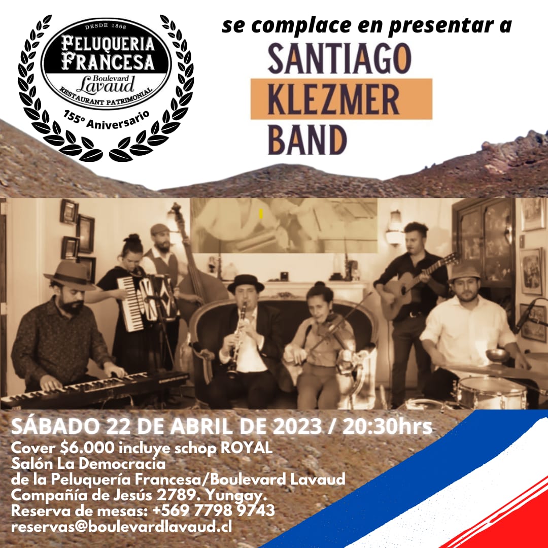 MatchoMayta's tweet photo. Freylekhs Revolution !

* Santiago Klezmer Band en vivo!
* Sábado 22 de abril a las 20:30 horas.
* En el Salón la Democracia de la mítica Peluquería Francesa ubicada en Compañía de Jesús 2788. 💇🏻‍♂️🇫🇷
* El valor de la entrada es de $6.000, incluye schop.
#klezmer gracias por RT. https://t.co/MFfFJCwdCs