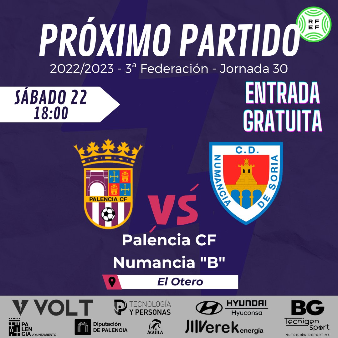 ⚽️🚨 Este sábado tenemos una final y necesitamos vuestro apoyo

🆚 Numancia "B"
⏰18:00
🏟 CM El Otero
🎟 ENTRADA GRATIS

🎁 Rifa especial entre todos los abonados del club

#CorazónMorado #PalenciaCF