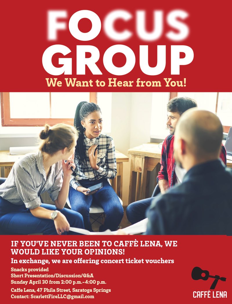 CaffeLena's tweet photo. We’re conducting a focus group! If you’ve never been to Caffè Lena, we would like your opinions! In exchange, we are offering concert ticket vouchers. Sunday 4/30, 2-4pm. Caffe Lena, 47 Phila Street, Saratoga Springs. Contact: ScarlettFireLLC@gmail.com #focusgroupdiscussion https://t.co/iR7lkQN3e9