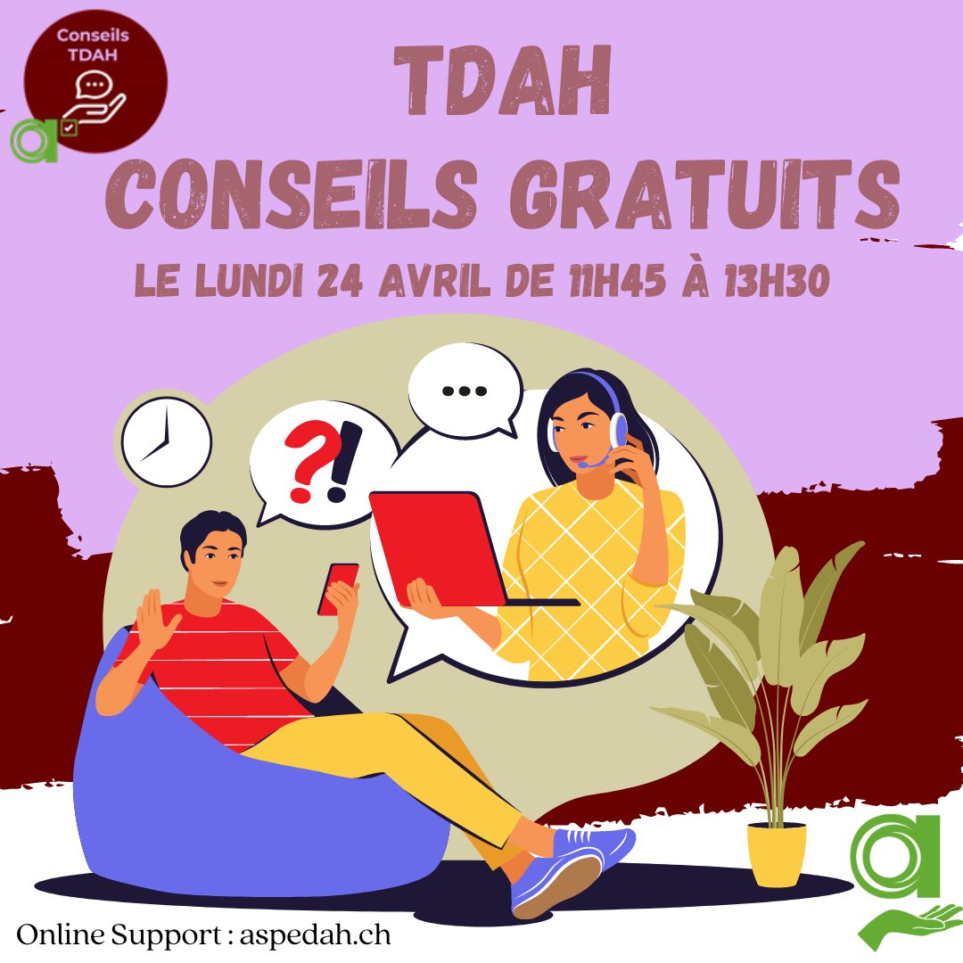 ASPEDAH1's tweet photo. Cette prestation est un service de chat gratuit pour répondre à vos questions simples concernant le TDAH et la psychoéducation. Vous pouvez discuter en toute confidentialité avec notre conseiller spécialisé TDAH qui est soumis au secret professionnel. #TDAH #ADHD https://t.co/I7WXGZ326m