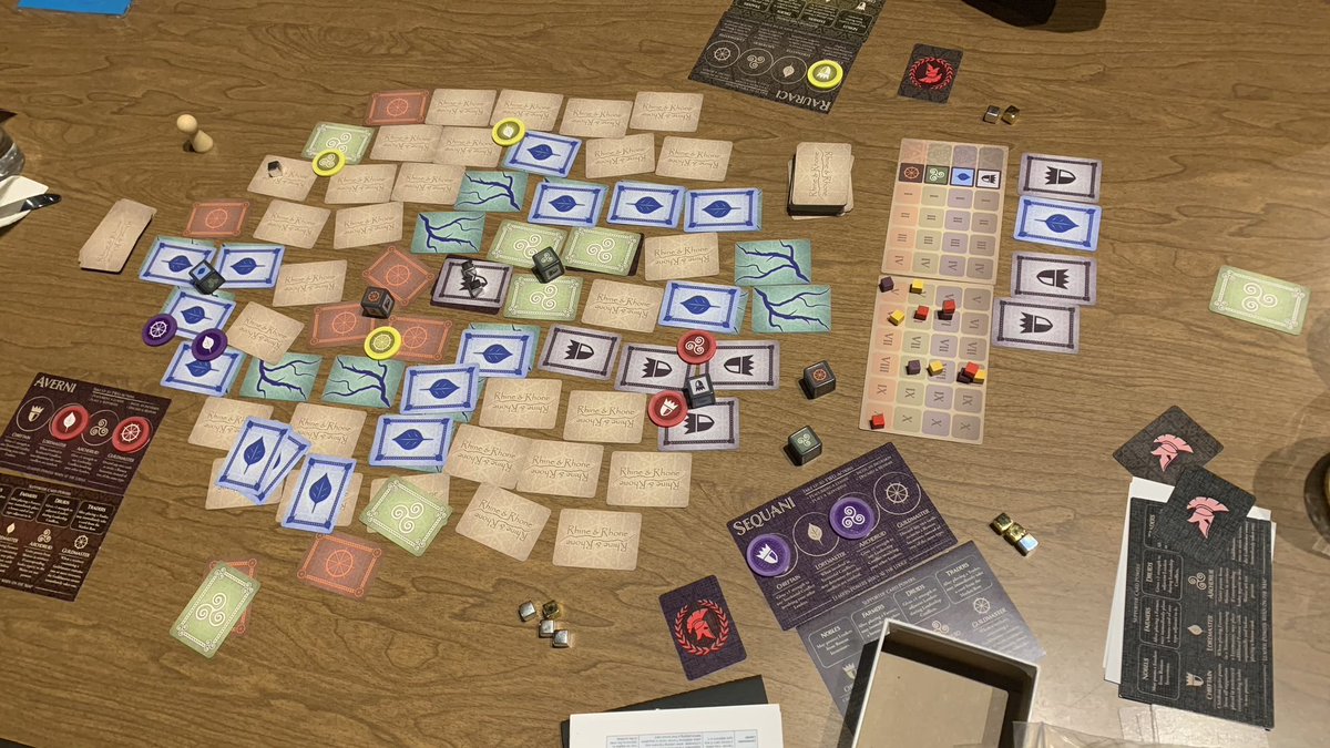OliverKiley's tweet photo. Epic game of Rhine &amp; Rhrone, 3-player at the pub. Score was 6 vs 5 vs 5. So close! Was a brutal match. https://t.co/X6DGKOwYyW