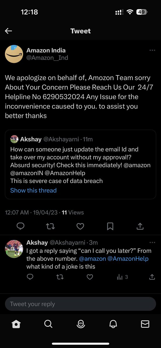 Akshayarni's tweet photo. @Amazon__Ind @AmazonHelp @amazon I have taken a screenshot which shows how Amazon help was misleading me with incorrect phone number and wasting my time. https://t.co/NT0toZHphA