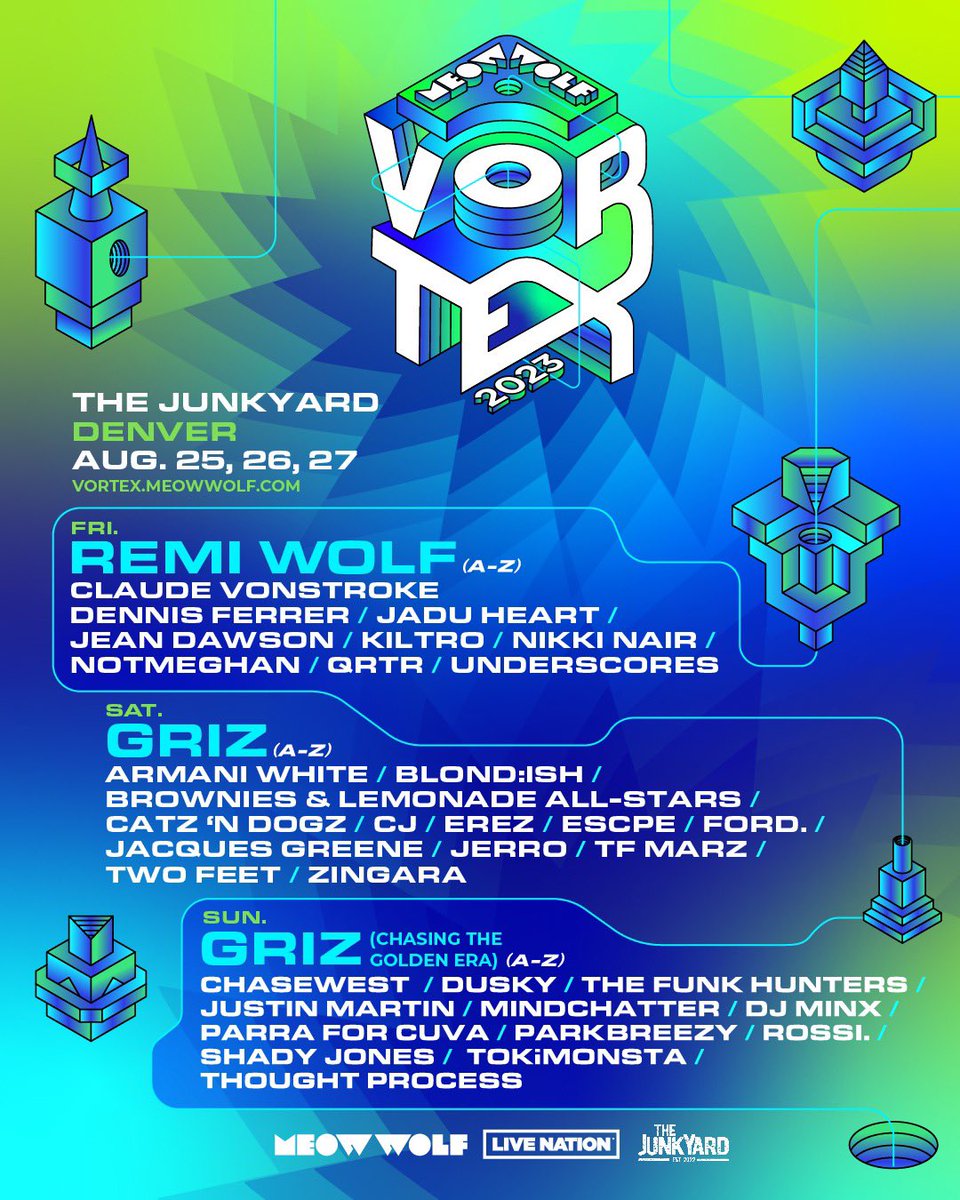 Don’t miss <a href="/MeowWolf/">Meow Wolf</a>’s outdoor festival experience Vortex 2023 returning to The Junk Yard in #Denver on August 25, 26 &amp; 27. Headliners include <a href="/Griz/">GRiZ 🌈</a> <a href="/remiwolf/">Remi Wolf</a> and more! 

Presale on Thur 4/20 at 10am MT
code: VORTEX23

🎟️ vortex.meowwolf.com