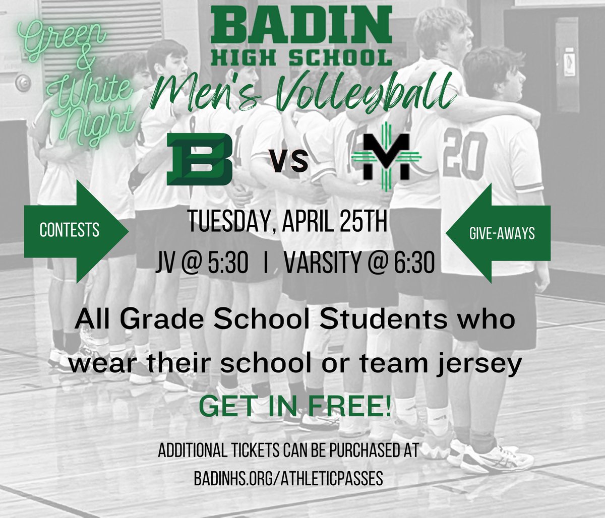 💚Green and White Night🤍 
April 25th 5:30/6:30
Grade School Students free admission if they wear a school/team jersey!
