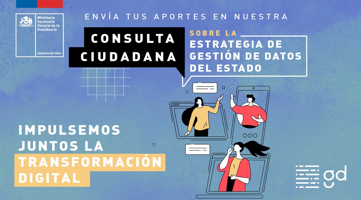 GobDigitalCL's tweet image. 📢 ¡Participa en #ConsultaCiudadana para elaboración de Estrategia de Datos del Estado! Un espacio destinado a la recepción de ideas y comentarios de parte de la academia, sociedad civil y todas las personas interesadas. ¡Hasta el 19 de mayo! 

Ingresa a participacion.digital.gob.cl