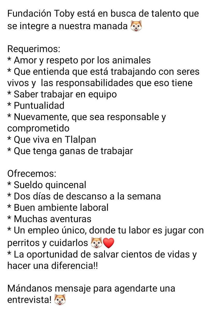 FundacionToby's tweet photo. Seguimos buscando gente!!

Amigos este es un trabajo formal, tmb aceptamos voluntarios, pero de verdad, es un trabajo con sueldo, horario establecido y muchísimas obligaciones por que cuidar seres vivos es un trabajo muy importante que requiere todo nuestro respeto y atención. https://t.co/c1TLcOmreR