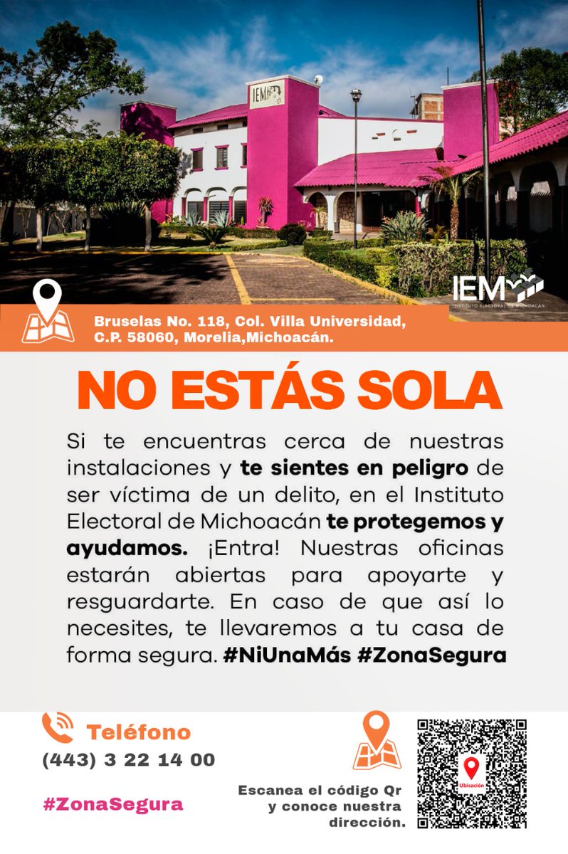 IEMichoacan's tweet photo. #EspacioSeguro 🟣 | #NoEstásSola

Si te encuentras cerca de nuestras instalaciones y te sientes en peligro de ser víctima de algún delito, nuestras oficinas estarán abiertas para apoyarte, ¡te protegemos y te ayudamos!

#ZonaSegura #NiUnaMás https://t.co/Hu9KDd2FQd