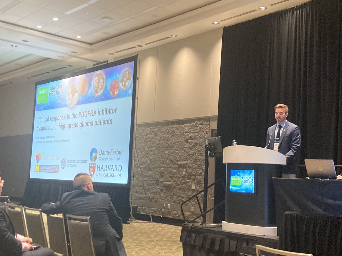 Happening now at #AACR23 is our MD PhD student Kallen Schwark talking about avapritinib treatment effectiveness in H3K27M tumors w/ high PDGFRA expression