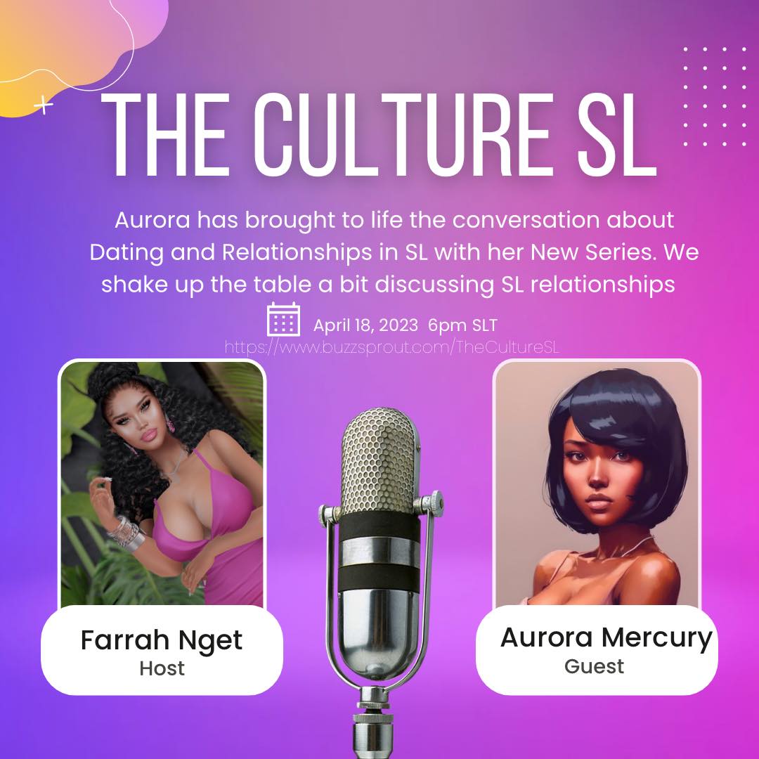 aurora_venus01's tweet photo. I had the pleasure of being on "The Culture SL" podcast speaking with Farrah Nget about @secondlife relationships. Tune in at 6pm SLT https://t.co/865eub6Pg4 https://t.co/CLMZFh8eHs