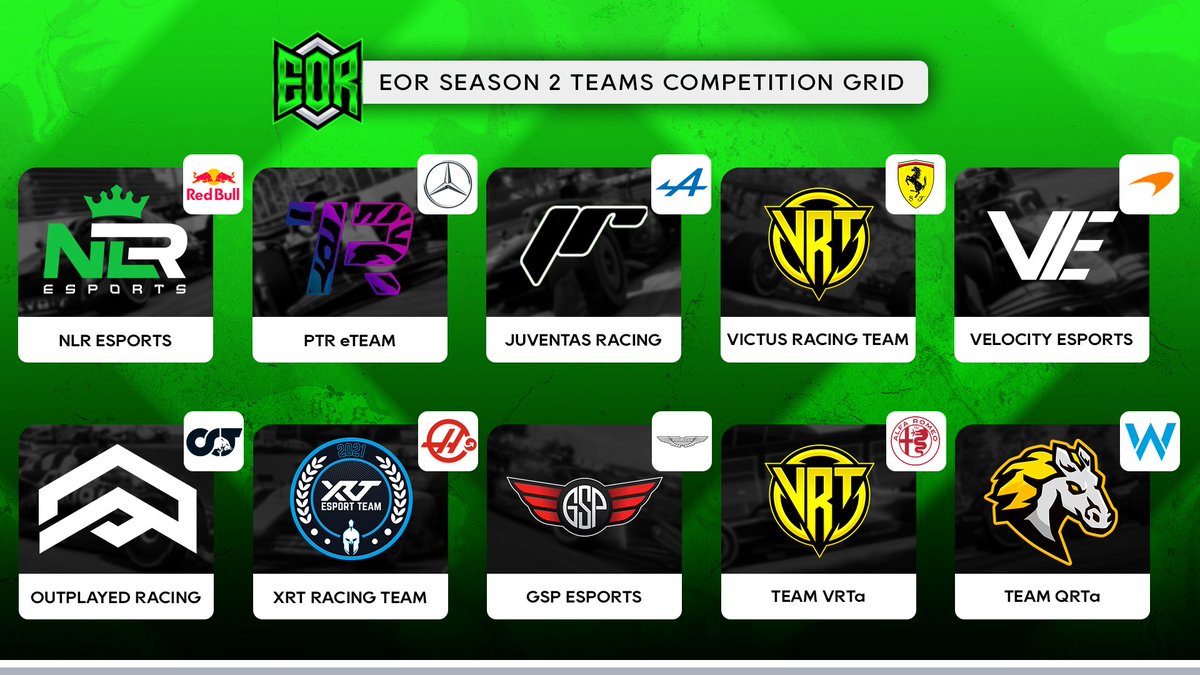 EORFormula1's tweet photo. EOR | Season 2 Grid 🏁

Here are the 10 Teams competing for Season 2 ☑️

We look forward to starting this Sunday around Silverstone 🇬🇧

Will NLR continue their good run from last season ? Or will a new team be crowned this Championship? 

Tune in Sunday on our Twitch🟣
#EOR https://t.co/iQHuqWTjP6