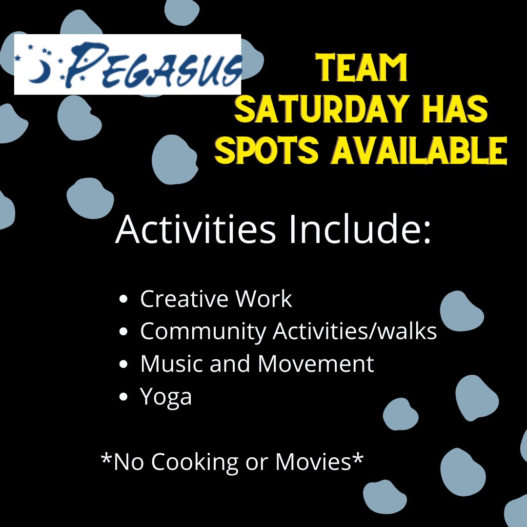 We have room available in Team Saturday at Matty Eckler Recreation Centre!

During the program you can expect to be going for walks and attending community activities, practicing yoga, and more!

E-mail Rebecca at rpaterson@pegasustoronto.ca for more information. 

#NonProfit