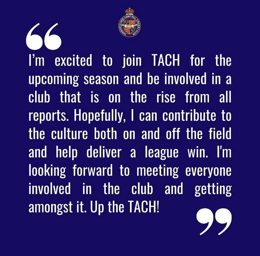 ✈️🇦🇺 Team News 🇦🇺✈️

An all-rounder having played the majority of his cricket at 1st and 2nd grade level, Josh succeeds our 2022 Overseas, David West, who took 37 league wickets for TACH.

Josh brings quality with both bat and ball and is an exciting acquisition! 

#UpTheTACH