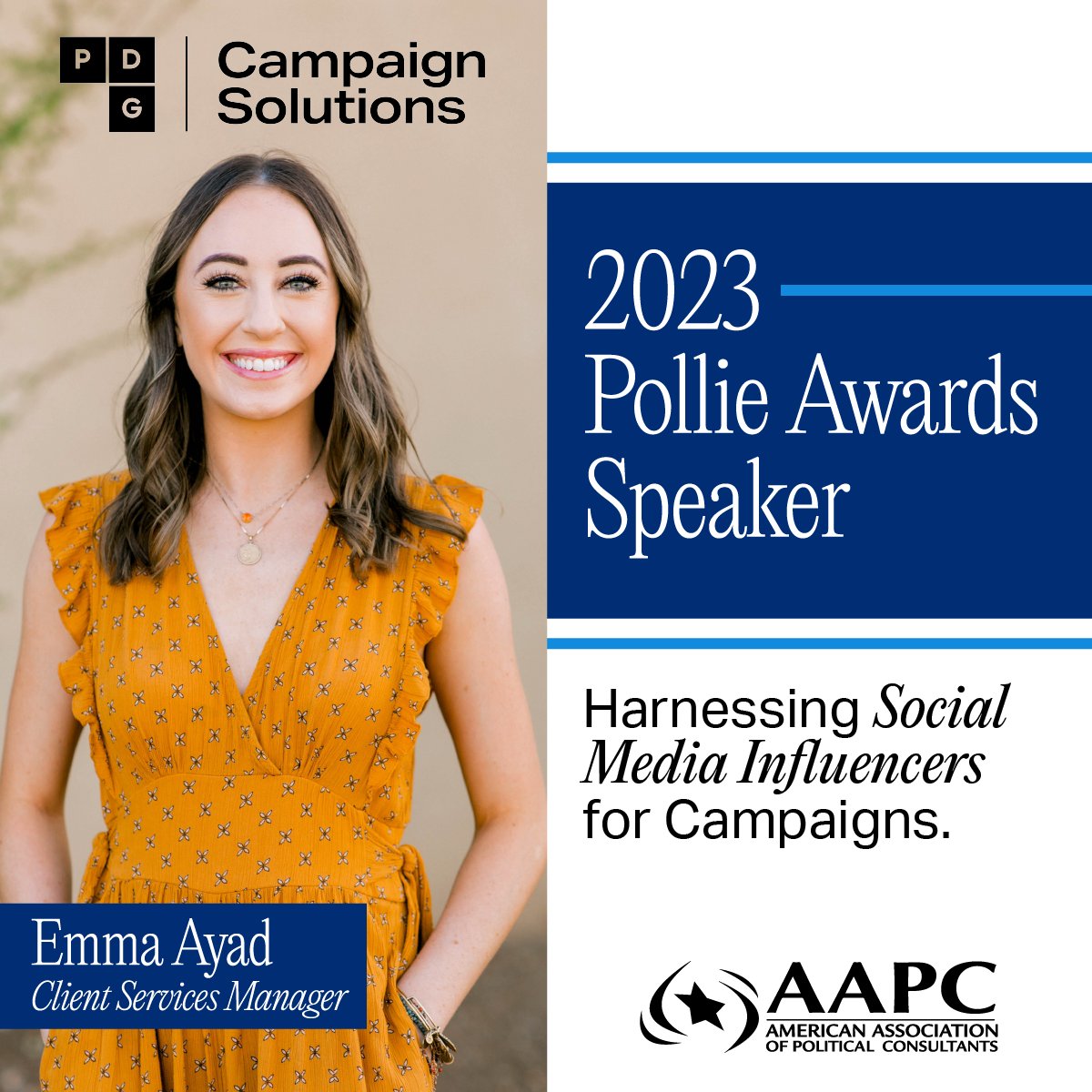 CampSol's tweet image. Ready to build your war chest and get ahead of the competition? Join us at the 2023 #AAPC Pollie Awards Conference and gain expert insight from CS Client Services Manager, Emma Ayad on how to harness social media influencers and drive fundraising missions forward. #2023Pollies