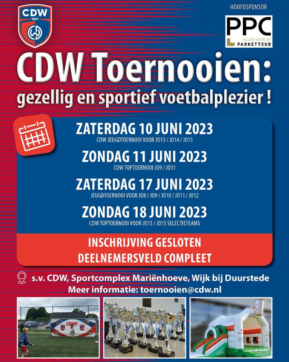 CDW_WbD's tweet photo. De toernooicommissie van CDW meldt dat 𝗔𝗟𝗟𝗘 𝗖𝗗𝗪 𝘁𝗼𝗲𝗿𝗻𝗼𝗼𝗶𝗲𝗻 𝗩𝗢𝗟 zitten! In totaal doen er in de maand juni maar liefst 𝟭𝟯𝟲 𝘁𝗲𝗮𝗺𝘀 (!) mee aan de verschillende CDW toernooien, wat een record aantal deelnemers is! 🔴🔵 #cdw #toernooien #hakkietikkieloppie https://t.co/K0tPWrj0yM