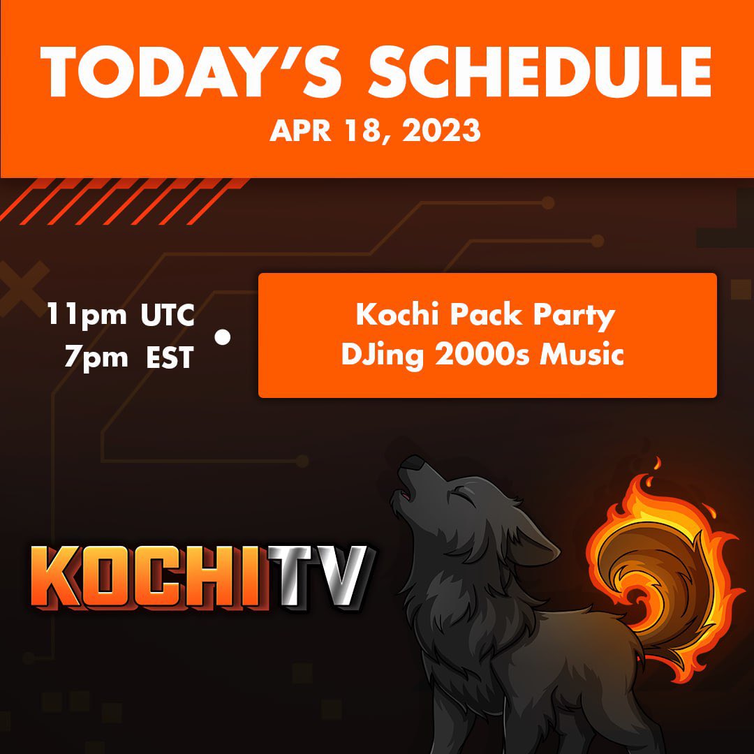 KochiTV Live @ 11pm UTC (7PM EST)

Tune into KochiTV tonight to party with the Kochi Pack 🥳

The Kochi Pack voted today to listen to early 2000s music plus at least one contest winner will be picked during the party! 😎

t.me/KochiKenAnnoun…