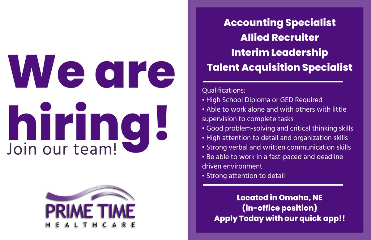 We are hiring!!!
If interested, please fill out this form, and our Talent Acquisition Specialist will contact you!!

forms.gle/8wd9GieUBcHvAs…

#PrimeTimeHealthcare #BestPacesToWorkOmaha
#OmahaHiring #Omaha