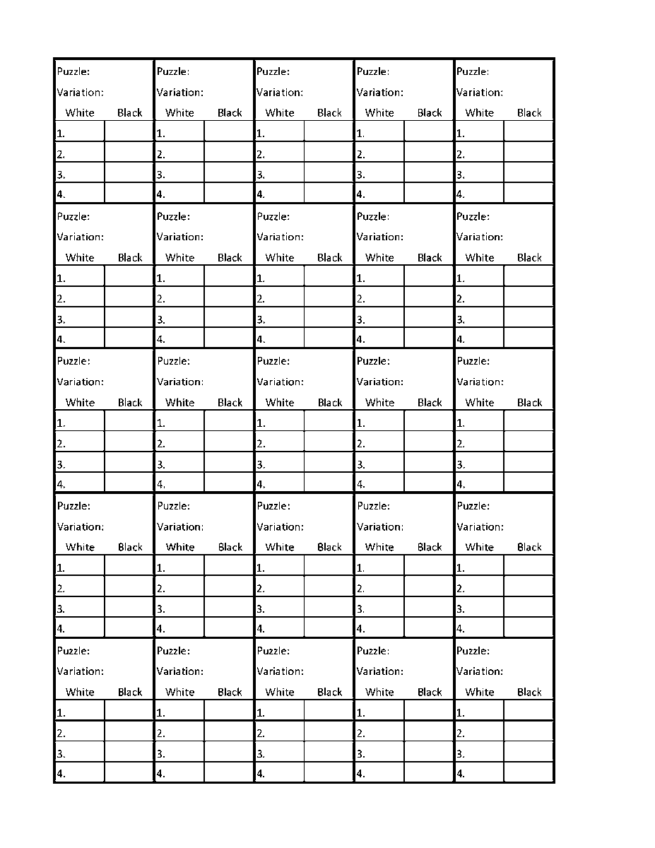zenmadman's tweet photo. The pages will look something like this, where you can do multiple variations per puzzle, and use multiple boxes vertically to record variations longer than 4 moves.
(This is not the final version & feedback is welcome.)
#ChessPunks #TacticsTraining https://t.co/RI4W638MgJ