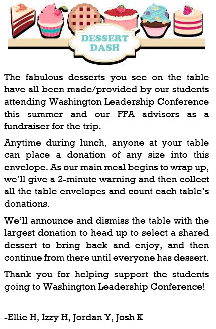 HUHS_FFA's tweet photo. T-minus 4 days until our 85th annual FFA banquet! We are so excited to celebrate our year with everyone!

Lunch will start at noon, followed by a dessert dash fundraiser to support our students attending Washington Leadership Conference! See the image for info &amp; see you there! https://t.co/rhRCjLXO0O
