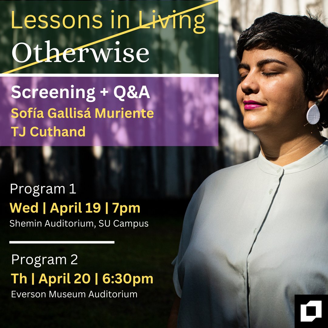 syracuseuvp's tweet photo. Join us THIS WEEK for two screenings with amazing filmmakers TJ CUTHAND + SOFIA GALLISA MURIENTE!

Program 1: Wed. 4/19 @ 7pm
Shemin Auditorium, SU campus

Program 2: Th. 4/20 @ 6:30pm
Everson Museum Auditorium

@EversonMuseum @lightworkorg @universityunion @SyracuseU @TjCuthand https://t.co/5f48B3oKTW