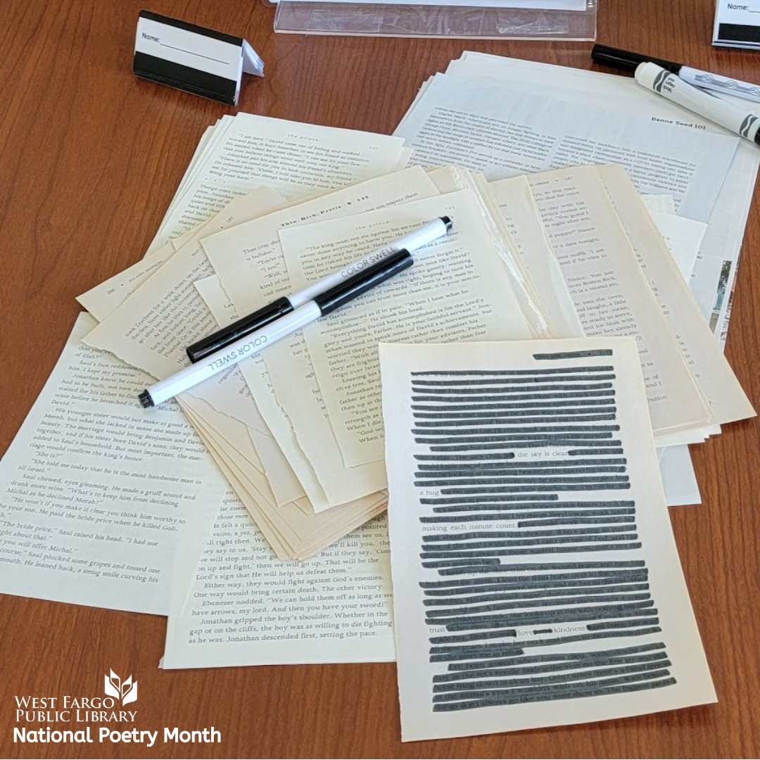 This #NationalPoetryMonth, participate in our Blackout Poetry project! Blackout Poetry is a fun and easy way to write your own poetry by redacting sections of the written text in old books, newspapers, and magazines. #WestFargoLibrary