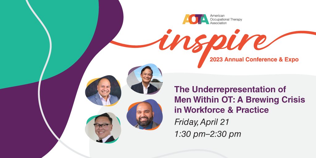 AOTAInc's tweet photo. Men and men of color are underrepresented at all levels of occupational therapy. Lack of awareness and unconscious bias have led this issue to reach crisis proportions. Check your app for a session led by AOTA Board Member Vik Pagpatan to analyze this topic. #AOTAInspire23 https://t.co/tVlGwpQ4u8