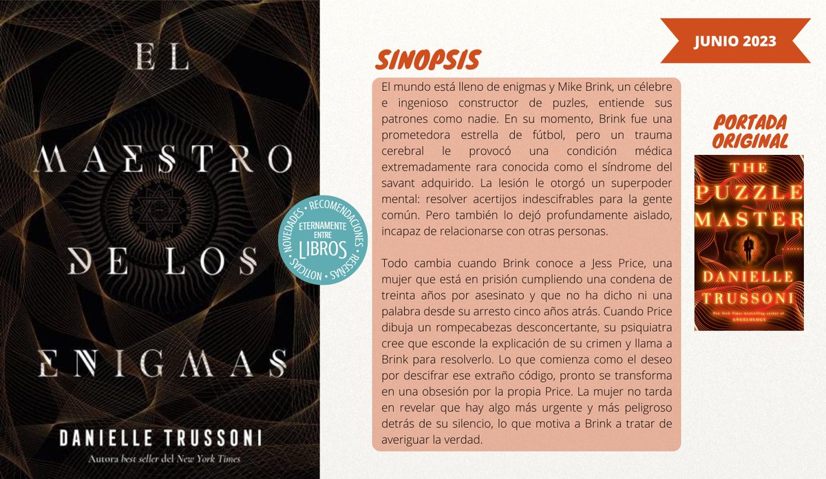 Se ha revelado la portada en español para "El maestro de los enigmas" (#ThePuzzleMaster), la nueva novela de misterio de <a href="/DaniTrussoni/">DANIELLE TRUSSONI</a>, autora de #Angelology.