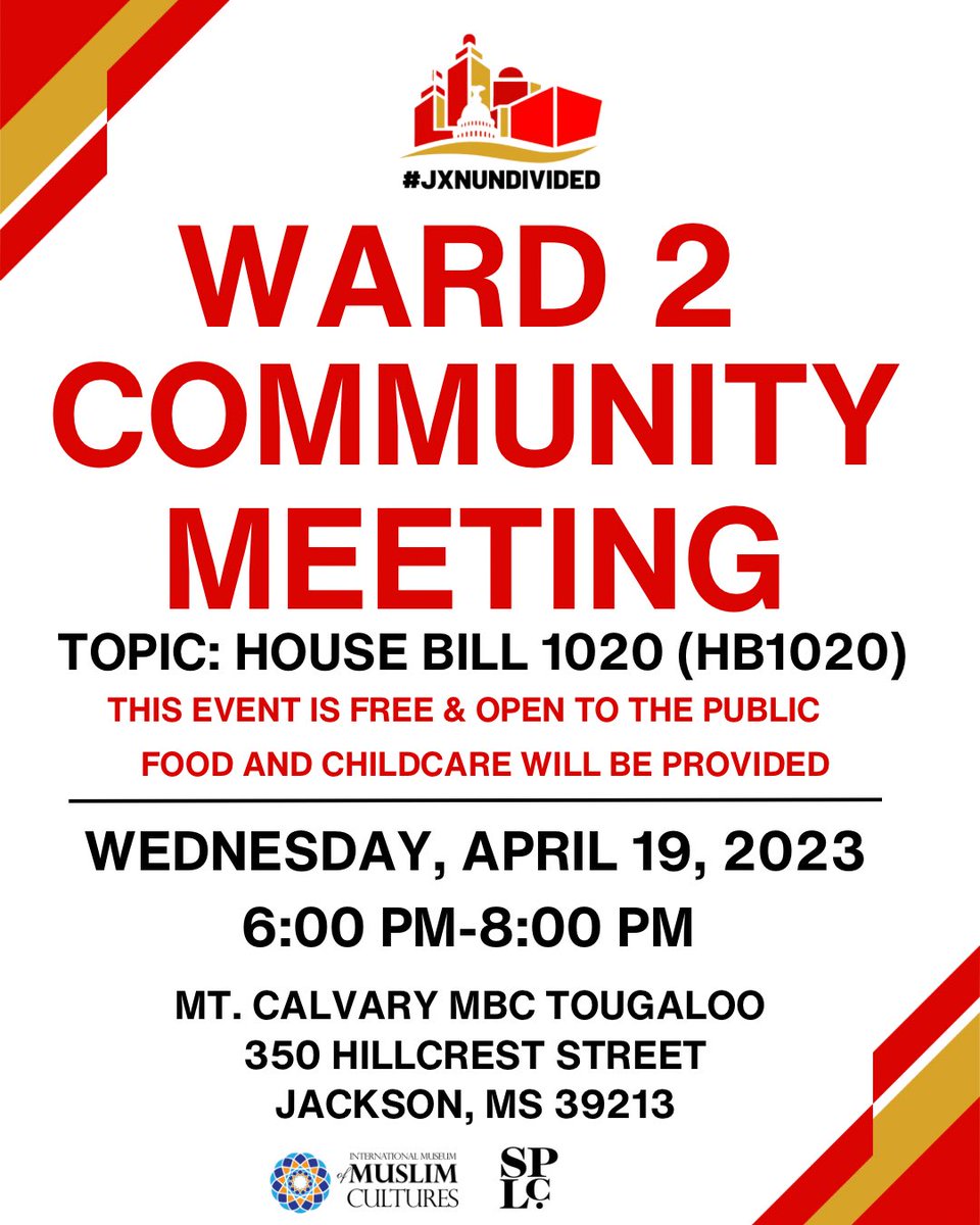 Blake Feldman (@bfeldman89) on Twitter photo Join members of the <a href="/JxnUndivided/">JXN Undivided</a> Coalition for a community discussion on House Bill 1020, Wednesday, April 19, 2023 at 6:00 PM- 8:00 PM at Mt. Calvary Missionary Baptist Church!
Free Food and Childcare will be provided.
#JxnUndivided Join members of the <a href="/JxnUndivided/">JXN Undivided</a> Coalition for a community discussion on House Bill 1020, Wednesday, April 19, 2023 at 6:00 PM- 8:00 PM at Mt. Calvary Missionary Baptist Church!
Free Food and Childcare will be provided.
#JxnUndivided