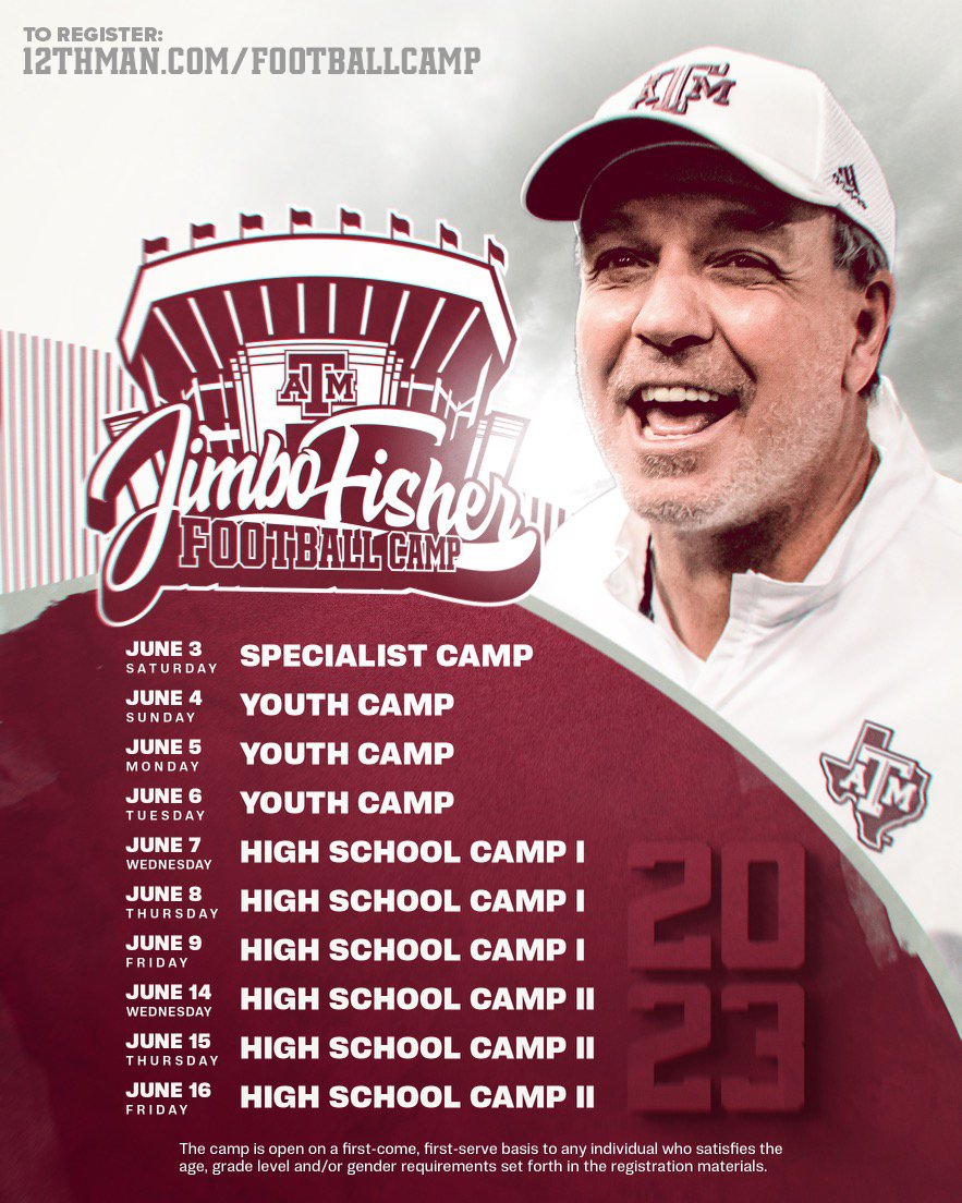 Registration is now open for the Jimbo Fisher Football Camp! REGISTER » 12thman.com/footballcamp