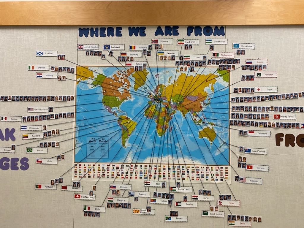 What a fantastic and inclusive way to share where in the world "everyone" in the school comes from. Every student, teacher, support staff, and administrator have a place on the board.  <a href="/CTA43/">Coquitlam Teachers</a> <a href="/sd43bc/">School District 43</a> <a href="/SD43Learning/">Learning Services SD43</a> <a href="/RoyStibbs43/">Roy Stibbs Elementary School</a>