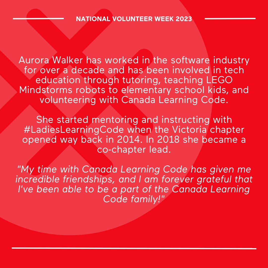 This #NVW2023, we’ll be shining the spotlight on some incredible individuals from around Canada. Thank you, Aurora, for all the time, passion and gift of education that you share with the Victoria community! ❤️ <a href="/learningcodeyyj/">Victoria Chapter</a> <a href="/billy_the_punk/">Aurora</a>