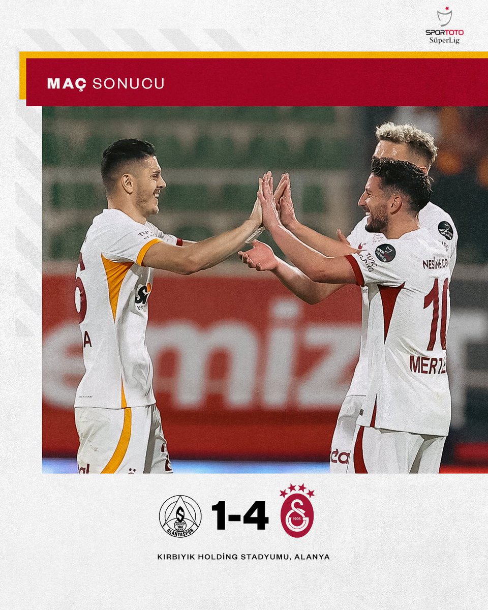 Alanya’da 3️⃣ puanı 4️⃣ golle alıyoruz! 😎 C. Alanyaspor 1-4 Galatasaray 👏 ⚽ 14’ @abdulkerimbard1 ⚽ 42’ @MauroIcardi ⚽ 48’ @D_Mertens_10 ⚽ 63’ @milotrashica #ALNvGS