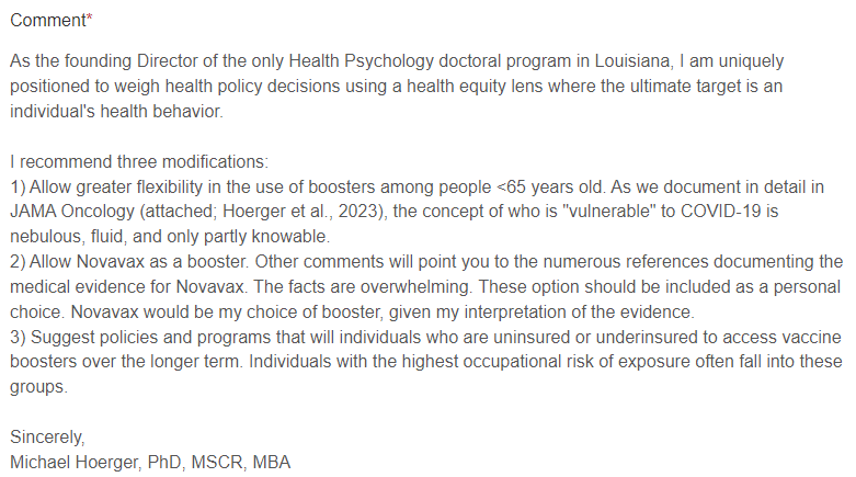 michael_hoerger's tweet photo. Tomorrow, the CDC ACIP will consider allowing additional COVID #vaccine boosters.
Potentially restricted to those >65 or immunocompromised, no #Novavax option, & no long-term plan for the uninsured.
Send comments today. I did!
https://t.co/HD4ExRR8Jh https://t.co/TWNCdvvKXg