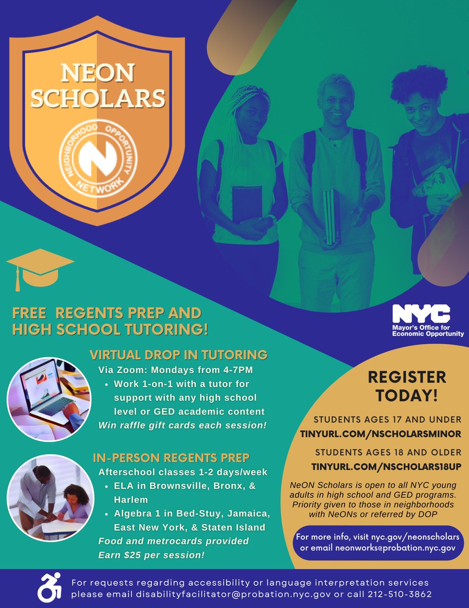 .@NYCNeON Scholars is calling all high school students! Sign up for free in-person Regents Prep or virtual tutoring. Students earn stipends and cash prizes while strengthening Math and ELA skills to ace the exam. 🎓Learn more and register by 4/21 at nyc.gov/neonscholars