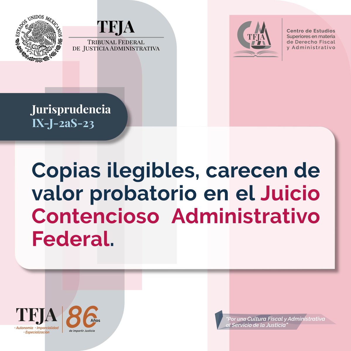 CesmdfaTFJA's tweet photo. ⚖️IX-J-2aS-23⚖️
El valor de las pruebas aportadas por la ciencia, quedan a la apreciación de la Sala, por lo tanto, si son ilegibles, carecerán de valor probatorio.
Encuéntrala en: https://t.co/mym5UxEmBm
#TFJA
#jurisprudencia
#derecho 
#Juiciocontencioso https://t.co/Ht0JAhZEYE