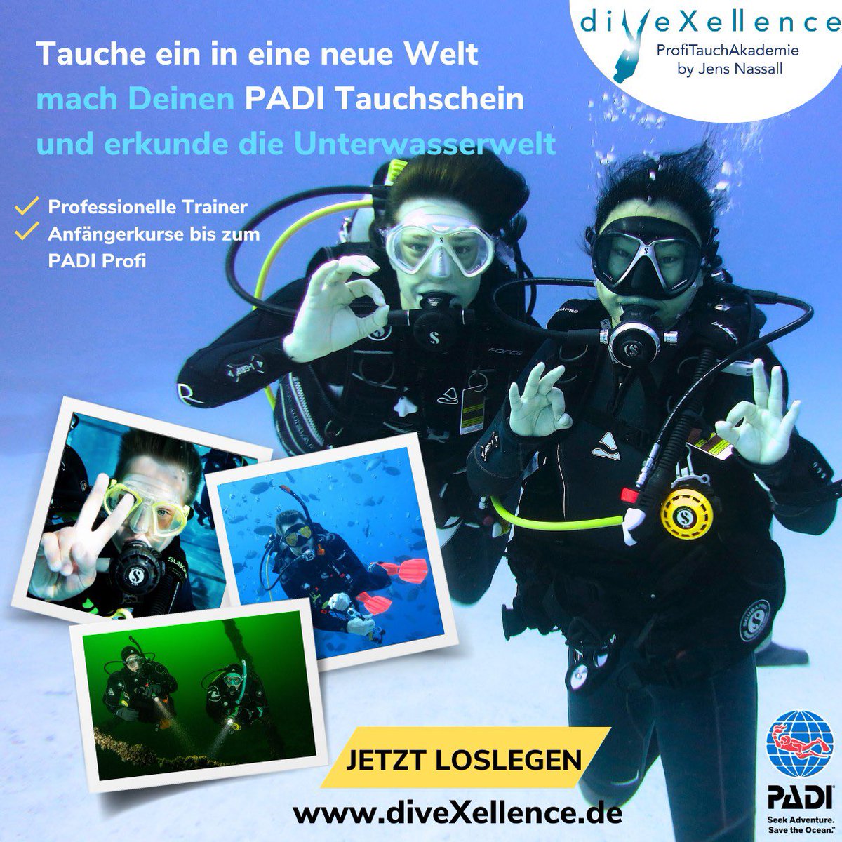 Schon mal überlegt wie es ist schwerelos zum ersten Mal unter Wasser zu atmen?
Probiere es aus im Schnuppertauchen oder lerne tauchen bei uns.
Oder möchtest du Profi-Taucher werden und selbst Taucher ausbilden? Dann informier Dich bei uns wie Du Divemaster oder Tauchlehrer wirst.