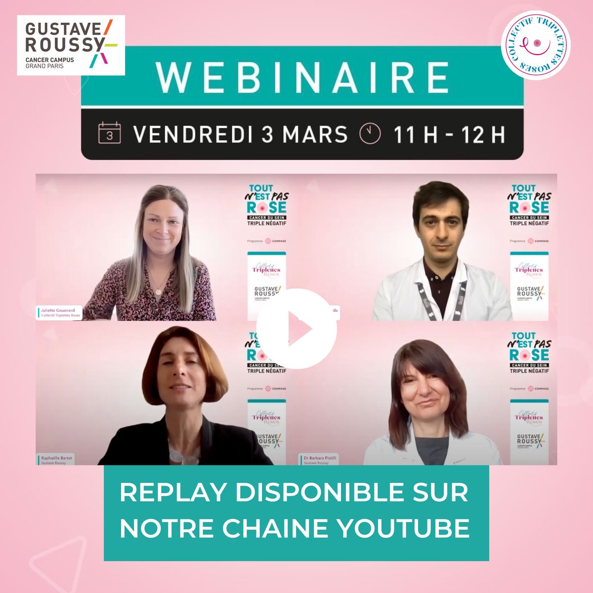 Collectif Triplettes Roses (@collectif_mt) on Twitter photo "Tout n’est pas rose" 🎀
👉 Retrouvez le replay du webinaire organisé par <a href="/GustaveRoussy/">Gustave Roussy</a> dédié aux cancers du sein triple négatif, en présence des Drs <a href="/BarbaraPistill2/">Barbara Pistilli</a> , Thomas Grinda, ainsi que Juliette, notre vice-présidente.
🔗 Lien : youtu.be/3NCZ3nFSk9A
#TNBCDay "Tout n’est pas rose" 🎀
👉 Retrouvez le replay du webinaire organisé par <a href="/GustaveRoussy/">Gustave Roussy</a> dédié aux cancers du sein triple négatif, en présence des Drs <a href="/BarbaraPistill2/">Barbara Pistilli</a> , Thomas Grinda, ainsi que Juliette, notre vice-présidente.
🔗 Lien : youtu.be/3NCZ3nFSk9A
#TNBCDay