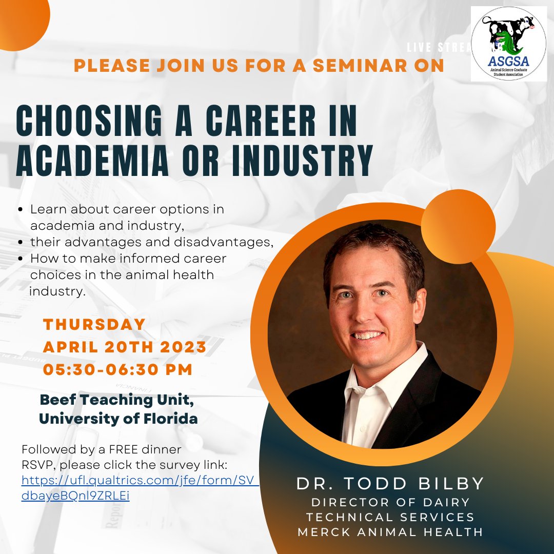 ASGSA_UF's tweet photo. Hey Fellas! Don't miss this unique opportunity to learn from a seasoned professional and connect with like-minded individuals in the animal health industry.
"Join us for a Seminar on Choosing a Career in Academia or Industry"
#asgsa #uf https://t.co/VAEDVyGtge