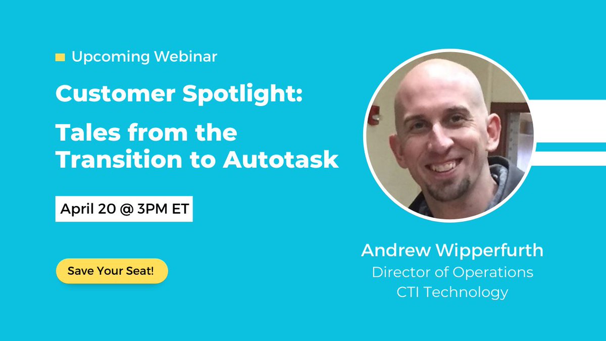 KaseyaCorp's tweet image. Join Travis Brittain, Kaseya, Jared Krick, Kaseya, and Andrew Wipperfurth, @CTITech, on April 20 at 3PM ET to explore how you can make significant improvements to your operations by switching to Autotask!

&amp;gt;&amp;gt; Register today: bit.ly/3mH078b

#Autotask #PSA #MSPs