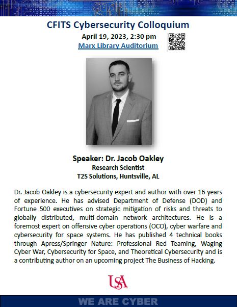 SoCSouthAlabama's tweet photo. Make plans to join us in the Marx Library Auditorium tomorrow for the CFITS Cybersecurity Colloquium! https://t.co/PJg7kIpSu3