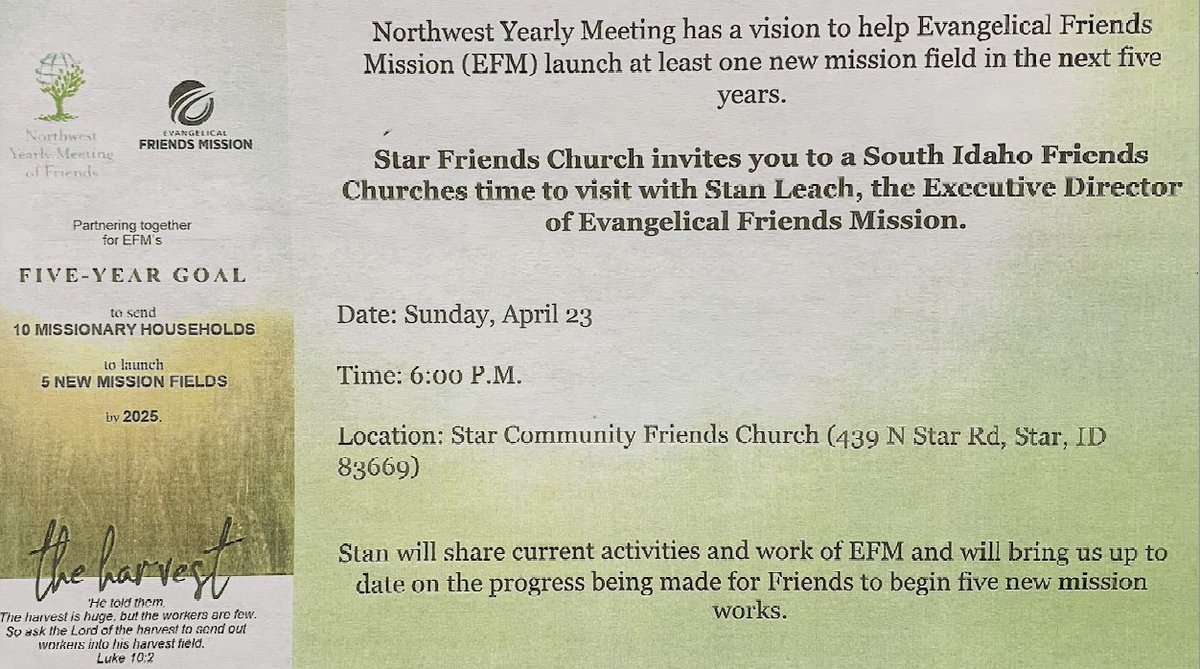Stan Leach from EFM will be speaking at Star Friends this Sunday evening (April 23rd) at 6:00 PM. Come hear updates from EFM and what is going on with the Luke 10 Trips.