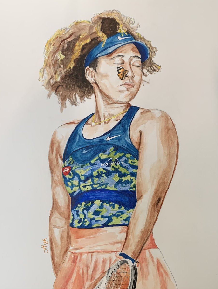 jhighart's tweet photo. My painting of @naomiosaka with a butterfly. #naomiosaka #jhighart #tennis #art #painting #acrylic #champion #butterfly 🦋🎾 https://t.co/yjaU9ru73l
