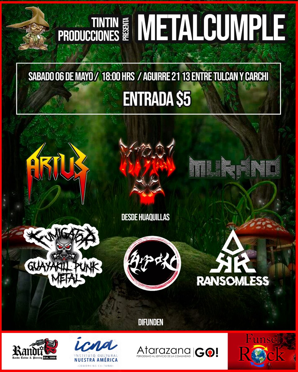 EcMurano's tweet photo. Saludos metalheads!!!
Reciban un cordial saludo!
Murano estará tocando el día sabado 6 de Mayo a las 18:00 en el evento 'Metalcumple' organizado por TinTin producciones y Funsel Rock. Agradecemos infinitamente por la invitación. https://t.co/ppHkTXH6no