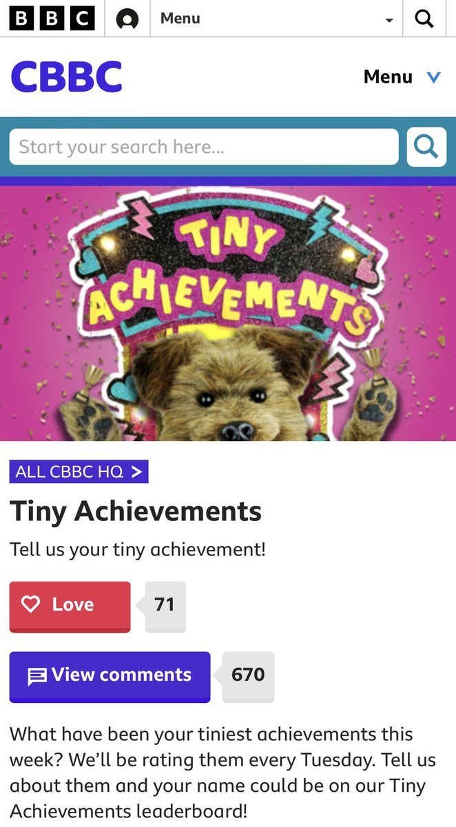 🏆There is a new feature on CBBC called Tiny Tuesdays and they wanted a big leaderboard making, I jokingly suggested it should be tiny and they went with it! So here it is, a teeny tiny leaderboard, if you have a little one get them to send in their tiny achievements to CBBC🏆