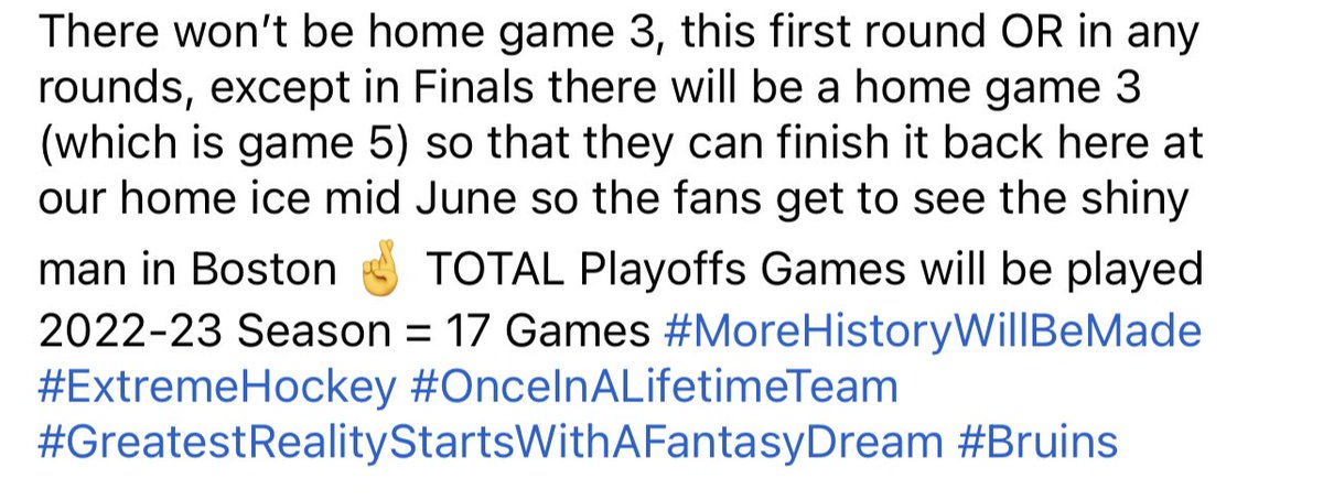 AmyBoston's tweet photo. Any thought, fantasy or prediction? Here is mine… #MoreHistoryWillBeMade #ExtremeHockey #OnceInALifetimeTeam  #GreatestRealityStartsWithAFantasyDream #Bruins #NHLBruins https://t.co/y2KZByTPmM