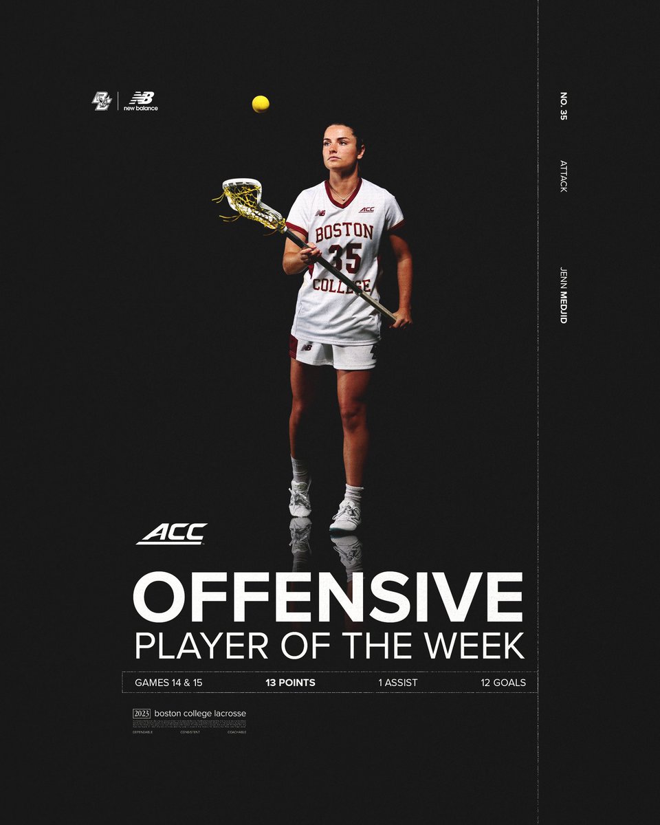 BCwlax's tweet image. Jenn Medjid has been named the ACC’s Offensive Player of the Week for a second time this season.

She’ll appear on #ACCPM at 5:15 today!