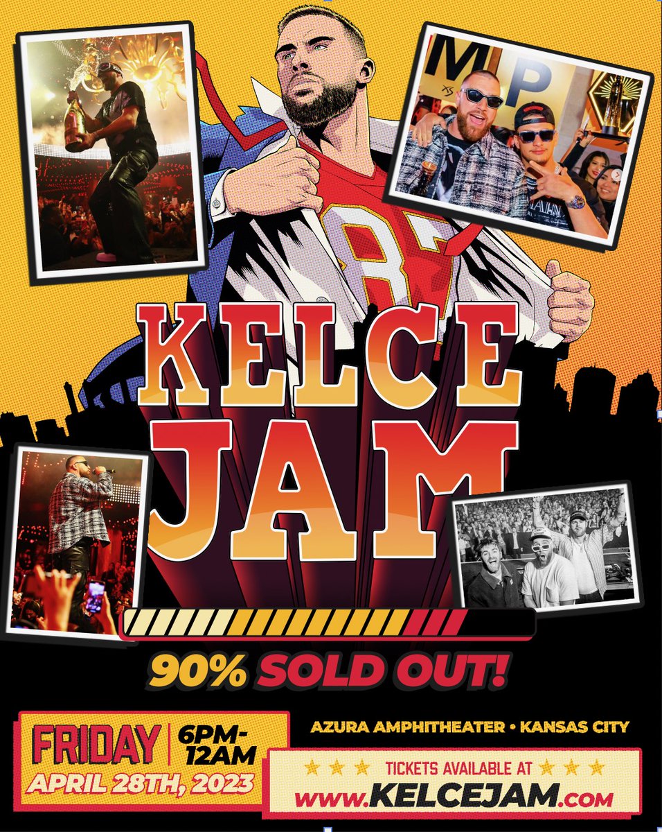 KelceJam's tweet photo. ⚡@KelceJam is 90% SOLD OUT! ⚡

Join @killatrav, @machinegunkelly, @richforever, @loudluxury, &amp; @therealtechn9ne for the most epic Draft Party of all time.

This event will be SOLD OUT soon so buy your tickets today! https://t.co/xEWsCvXMRM https://t.co/237P0PTqnM