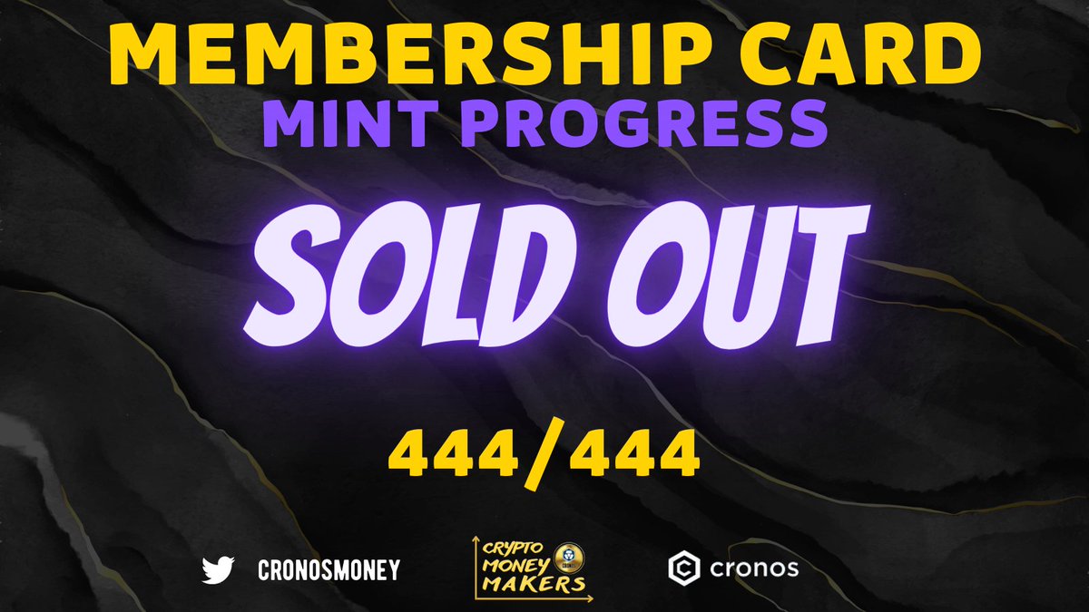 CronosMoney's tweet photo. 📢 We are SOLD OUT📢

🔥We are proud to announce that our Membership Card drop is SOLD OUT! 
❤️Thank you for your trust!  
👊This is just the beginning of our journey together!
#crofam #CronosChain #CronosNFT https://t.co/AOZBY6RQvJ