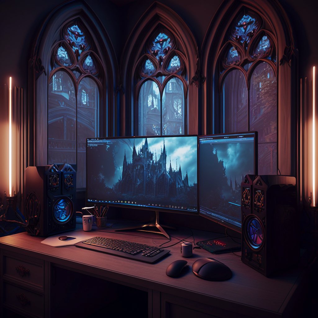 DreamVaultAI's tweet image. Gothic Desk Setups

I’m choosing #2. 

#midjourney #gaming #pcsetups #GamingSetup